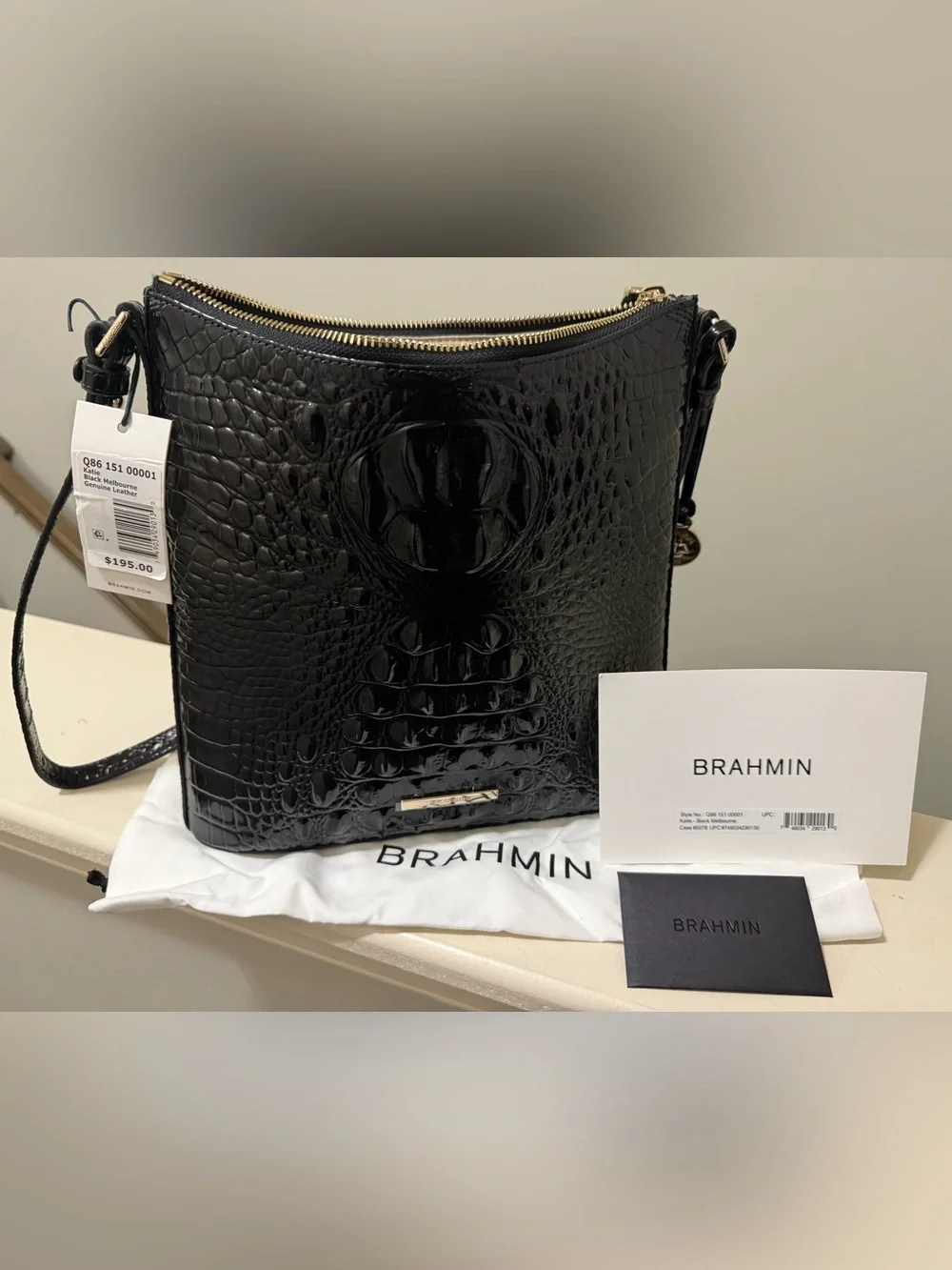 NWT Brahmin Katie Black Croc-Embossed Leather Crossbody with Gold Hardware - Picture 2 of 5